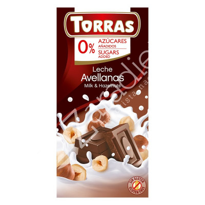 CHOCOLATE CON LECHE Y AVELLANAS SIN AZÚCAR 75G - TORRAS